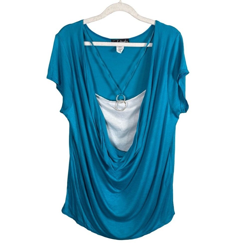 French Atmosphere Y2K Embellished Teal Drape Neck Blouse Size 1X Retro 2000s